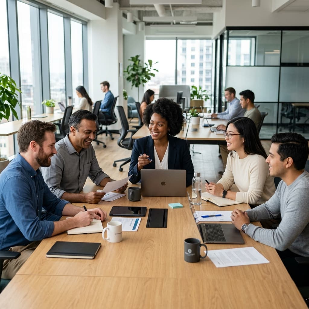 Team collaborating in modern workspace